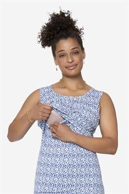 Blue floralprint nursing top with pleats at the chest in organic bamboo, with nursing function