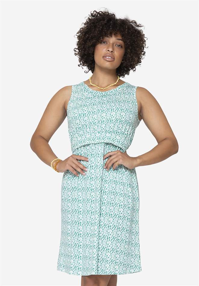 Rose floralprint sleeveless nursing dress - knee length made of bamboo fibers - front view