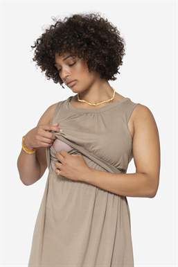 Beige sleeveless nursing dress – in Organically grown bamboo, with nursing function