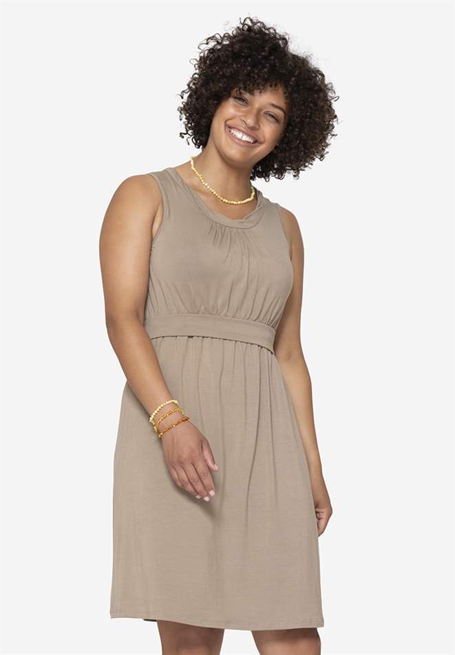 Blue sleeveless nursing dress – in Organically grown bamboo, front view