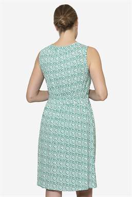 Green floralprint sleeveless nursing dress - knee length made of bamboo fibers, seen from behind