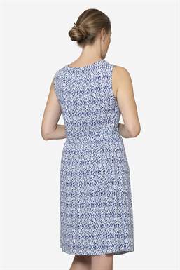 Blue floral sleeveless nursing dress - knee length made of bamboo fibers, seen from behind