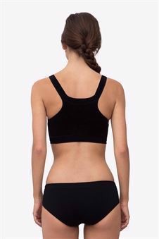 Sporty black nursing bra with polka dots in Organically grown bamboo  - Seen from behind