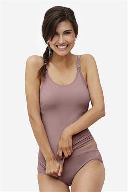 Purple/brown nursing top with built-in bra in Organically grown bamboo    - seen in movement