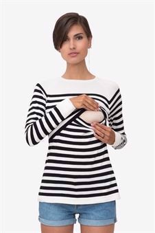 Black/white striped nursing shirt made in organic cotton knit - a nursing function demonstration