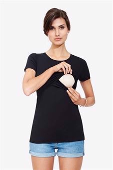 Short sleeved black Maternity & nursing Top made of organic cotton - access for nursing