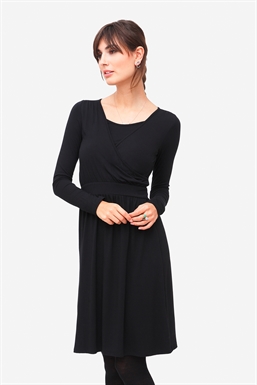 Black nursing dress with wrap look in soft bamboo fibres - On plus size model